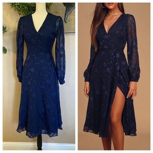 NWOT Lulus Evening of Elegance Navy Blue Floral Jacquard Wrap Midi Dress